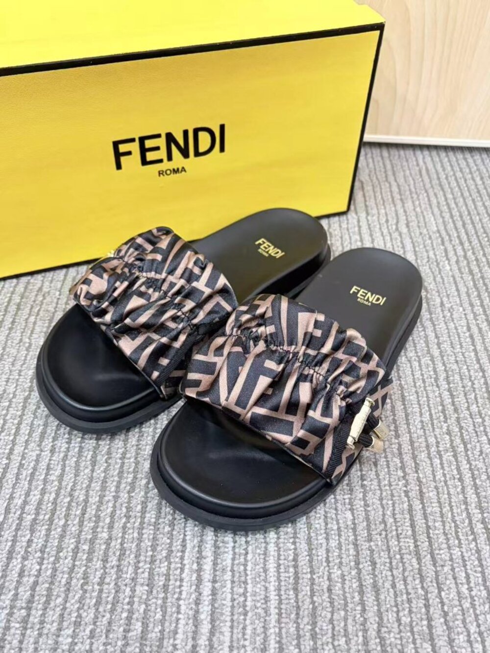 Fendi FF Monogram Ruched Fabric Strap Flat Slide Sandals